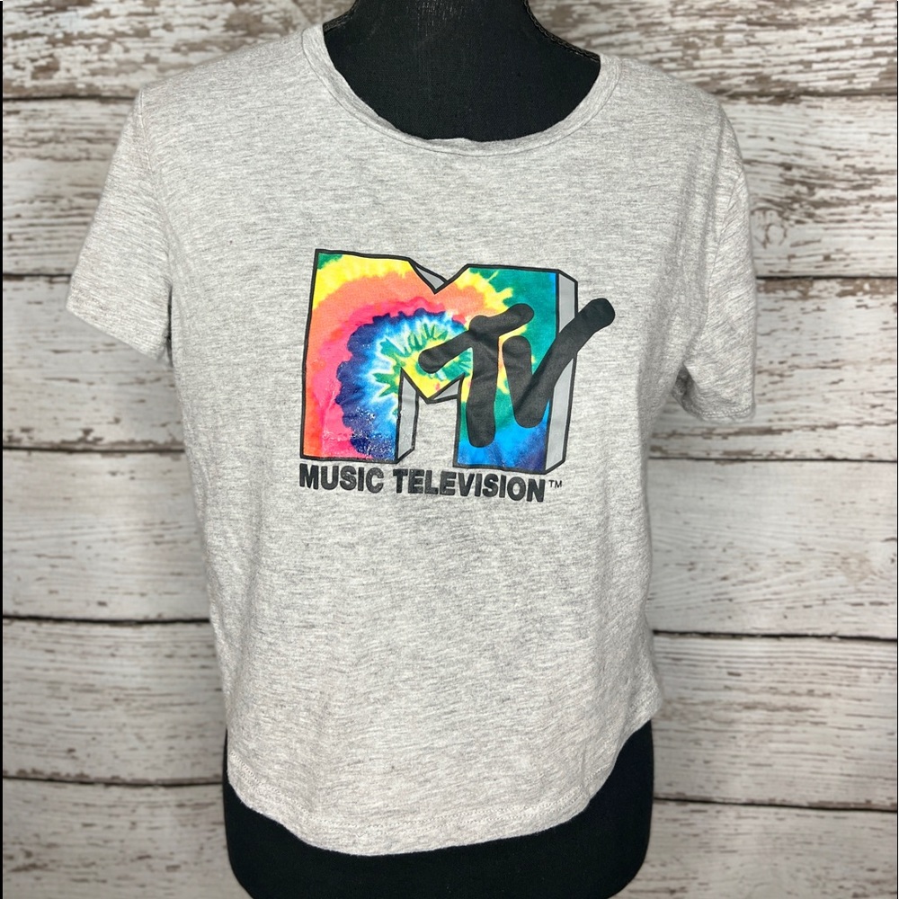 MTV Heather Gray Tie-dye Cotton Cropped Short Sleeve Tee Sz L